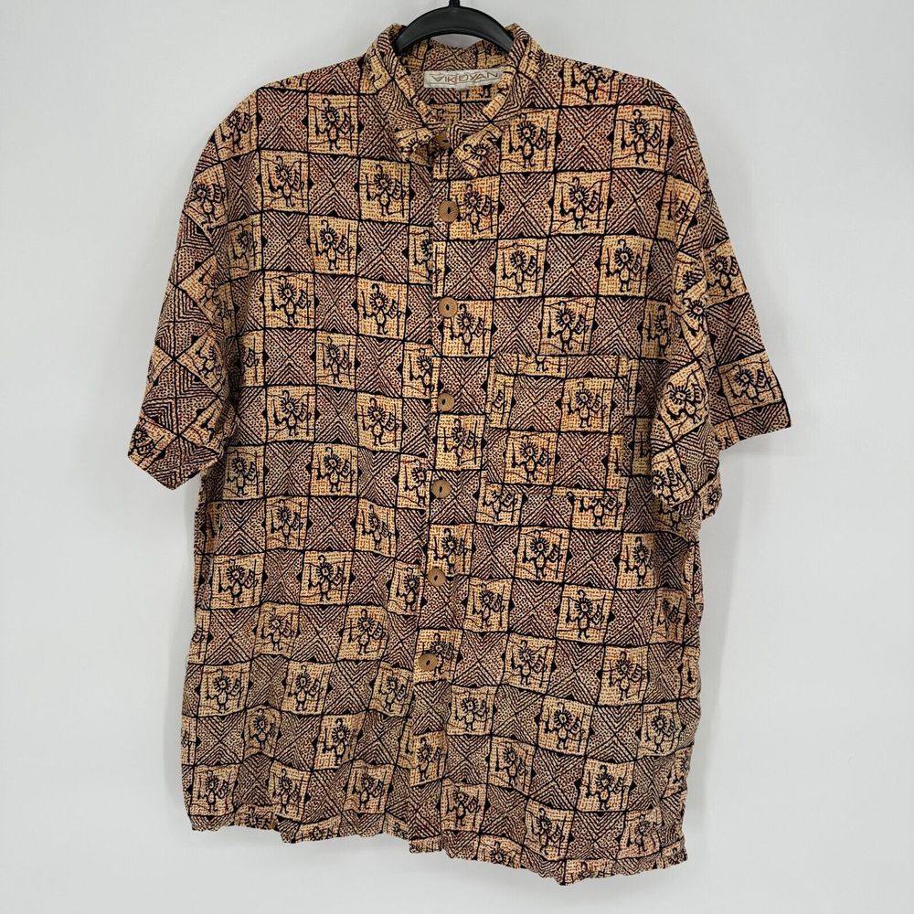 Vintage Viki Dyan Button Down Egypt 90s Brown Made in USA Hawaiian Size XL